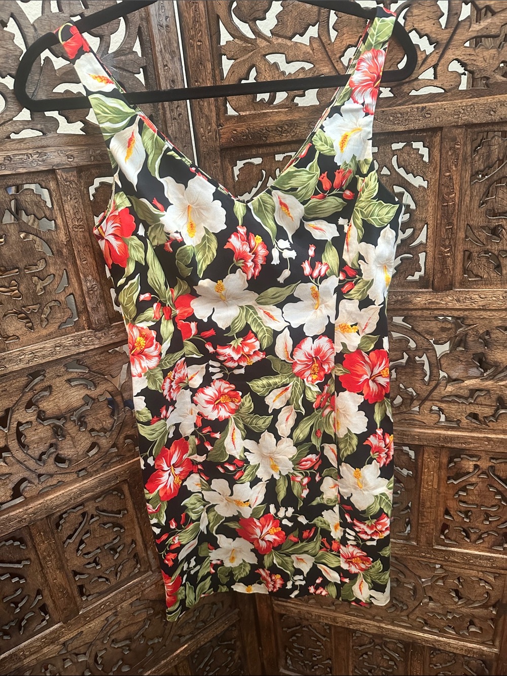 Jones New York Black Slip Dress with Red, White & Green Floral Print